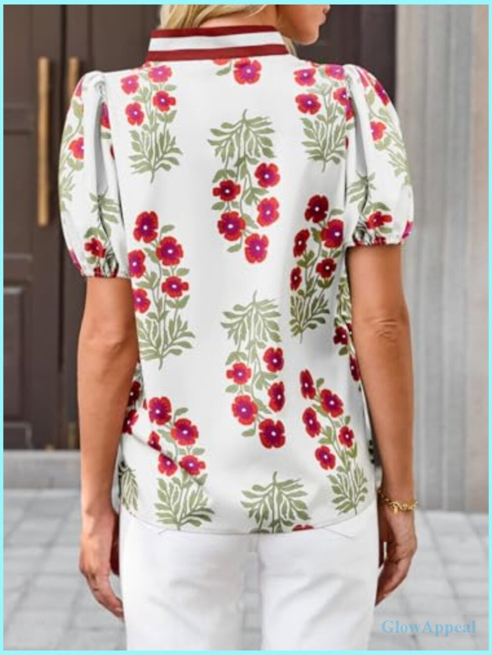 Floral Puff Sleeve V-Neck Blouse Boho Summer Top Dressy Casual Loose Fit - Picture 5 of 7